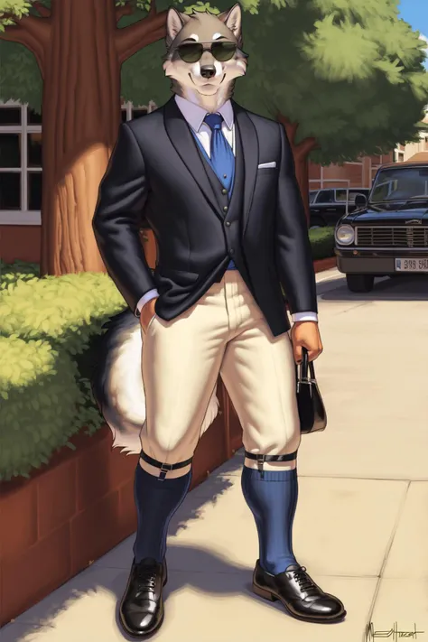 <lora:sock_garters-08:1>, sock garters, legwear garter, (full body:1.3), by meesh, formal clothing, shirt, sunglasses, wolf, tail,