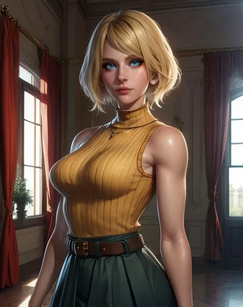 ashley,blue eyes,blonde hair,short hair,
orange turtle neck,necklace,skirt,belt,sleeveless,
mansion,indoors,
standing,upper body,
(insanely detailed, masterpiece, beautiful face, best quality),solo,<lora:ashleyREM:0.8>,