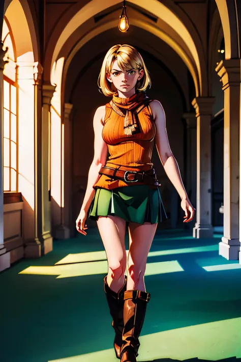 ashleyc, brown eyes, short blonde hair, orange sweater,sleeveless, scarf, green skirt, belt, boots, looking at viewer,serious, walking, hallway, castle,high quality, masterpiece, <lora:ashleyC:.8>