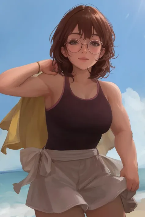 portrait woman, facing viewer, beautiful woman sundress, <lora:leanbeefpattyV6:0.8>, (muscles:1) beach glasses