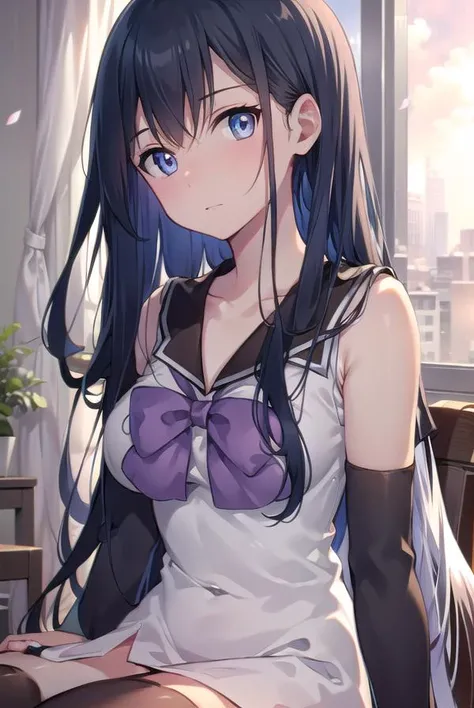 nekokuroha, <lyco:nekokuroha-lyco-nochekaiser:1>,
neko kuroha, black hair, blue eyes, long hair, hair between eyes,
BREAK bow, collarbone, sailor collar, sleeveless, thighhighs, black thighhighs, zettai ryouiki,
BREAK looking at viewer, full body,
BREAK indoors, classroom,
BREAK <lyco:GoodHands-beta2:1>, (masterpiece:1.2), best quality, high resolution, unity 8k wallpaper, (illustration:0.8), (beautiful detailed eyes:1.6), extremely detailed face, perfect lighting, extremely detailed CG, (perfect hands, perfect anatomy),