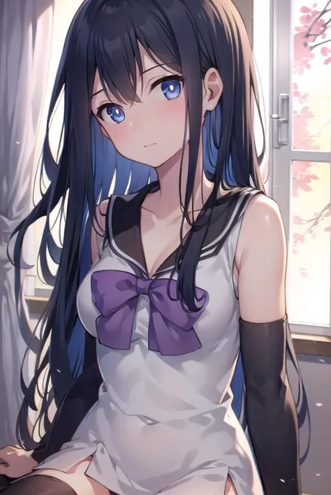 nekokuroha, <lyco:nekokuroha-lyco-nochekaiser:1>,
neko kuroha, black hair, blue eyes, long hair, hair between eyes,
BREAK bow, collarbone, sailor collar, sleeveless, thighhighs, black thighhighs, zettai ryouiki,
BREAK looking at viewer, full body,
BREAK indoors, classroom,
BREAK <lyco:GoodHands-beta2:1>, (masterpiece:1.2), best quality, high resolution, unity 8k wallpaper, (illustration:0.8), (beautiful detailed eyes:1.6), extremely detailed face, perfect lighting, extremely detailed CG, (perfect hands, perfect anatomy),