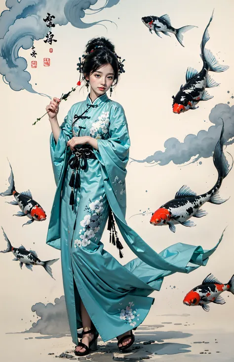 Low contrast(Ink style:1.2),  A shot with tensiondetailed backgroundDouble exposure,masterpiece, professional artwork, famous artwork, 1girl,
Tradition Chinese Ink Painting style of A cute girl in traditional Chinese costumes is and koi.     There are many auspicious clouds in the picture, and thick strokes with dry brushes,watercolor ink painting, full body,extreme long shot, surrounded by a lot of fish, dry brush thick strokes, Zhang Daqian's paintings, clear facial features watercolor ink painting <lora:~Q?-l4X| kio:0.7>
