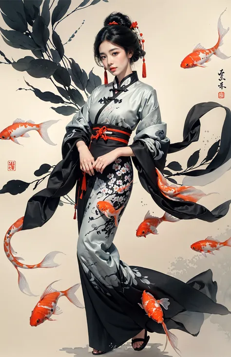 Low contrast(Ink style:1.2),  A shot with tensiondetailed backgroundDouble exposure,masterpiece, professional artwork, famous artwork, 1girl,
Tradition Chinese Ink Painting style of A cute girl in traditional Chinese costumes is and koi.     There are many auspicious clouds in the picture, and thick strokes with dry brushes,watercolor ink painting, full body,extreme long shot, surrounded by a lot of fish, dry brush thick strokes, Zhang Daqian's paintings, clear facial features watercolor ink painting <lora:~Q?-l4X| kio:0.7>