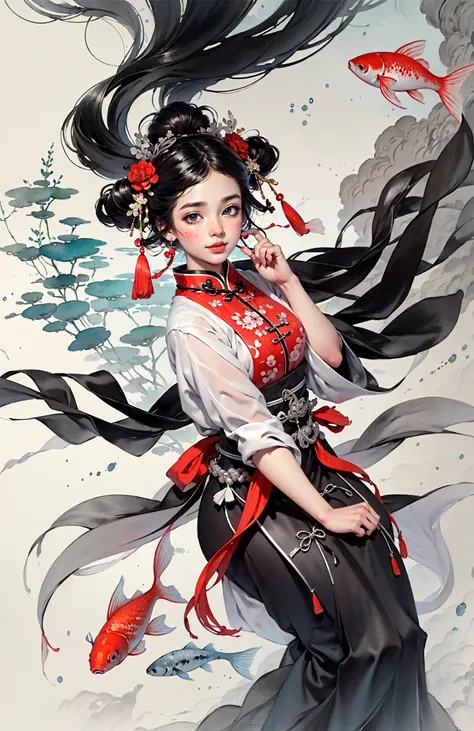 Low contrast(Ink style:1.2),  A shot with tensiondetailed backgroundDouble exposure,masterpiece, professional artwork, famous artwork, 1girl,
Tradition Chinese Ink Painting style of A cute girl in traditional Chinese costumes is and koi.     There are many auspicious clouds in the picture, and thick strokes with dry brushes,watercolor ink painting, full body,extreme long shot, surrounded by a lot of fish, dry brush thick strokes, Zhang Daqian's paintings, clear facial features watercolor ink painting <lora:~Q?-l4X| kio:0.7>
