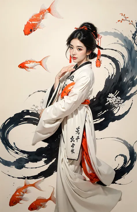 Low contrast(Ink style:1.2),  A shot with tensiondetailed backgroundDouble exposure,masterpiece, professional artwork, famous artwork, 1girl,
Tradition Chinese Ink Painting style of A cute girl in traditional Chinese costumes is and koi.     There are many auspicious clouds in the picture, and thick strokes with dry brushes,watercolor ink painting, full body,extreme long shot, surrounded by a lot of fish, dry brush thick strokes, Zhang Daqian's paintings, clear facial features watercolor ink painting <lora:~Q?-l4X| kio:0.7>