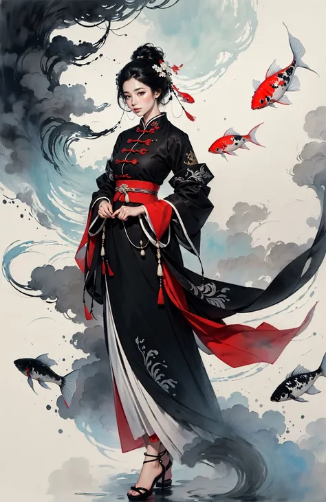 Low contrast(Ink style:1.2),  A shot with tensiondetailed backgroundDouble exposure,masterpiece, professional artwork, famous artwork, 1girl,
Tradition Chinese Ink Painting style of A cute girl in traditional Chinese costumes is and koi.     There are many auspicious clouds in the picture, and thick strokes with dry brushes,watercolor ink painting, full body,extreme long shot, surrounded by a lot of fish, dry brush thick strokes, Zhang Daqian's paintings, clear facial features watercolor ink painting <lora:~Q?-l4X| kio:0.7>