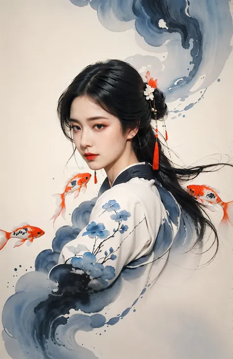 Low contrast(Ink style:1.2),  A shot with tensiondetailed backgroundDouble exposure,masterpiece, professional artwork, famous artwork, 1girl,
Tradition Chinese Ink Painting style of A cute girl in traditional Chinese costumes is and koi.     There are many auspicious clouds in the picture, and thick strokes with dry brushes,watercolor ink painting, full body,extreme long shot, surrounded by a lot of fish, dry brush thick strokes, Zhang Daqian's paintings, clear facial features watercolor ink painting <lora:~Q?-l4X| kio:0.7>