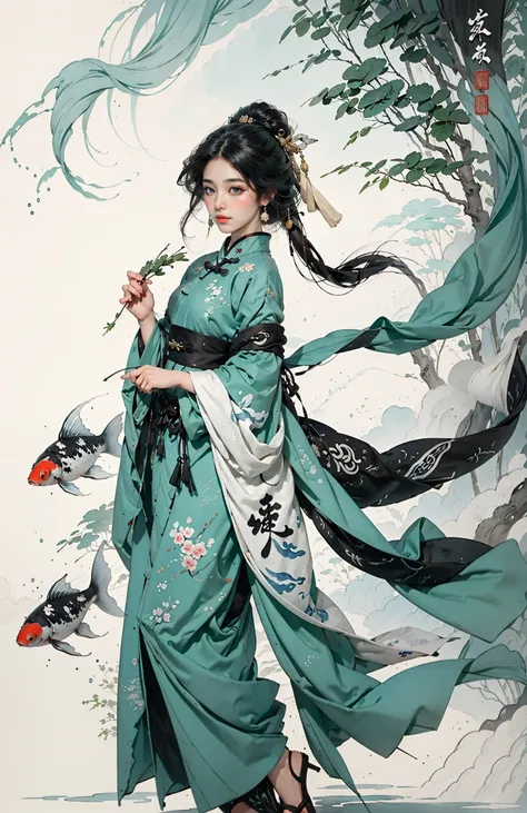 Low contrast(Ink style:1.2),  A shot with tensiondetailed backgroundDouble exposure,masterpiece, professional artwork, famous artwork, 1girl,
Tradition Chinese Ink Painting style of A cute girl in traditional Chinese costumes is and koi.     There are many auspicious clouds in the picture, and thick strokes with dry brushes,watercolor ink painting, full body,extreme long shot, surrounded by a lot of fish, dry brush thick strokes, Zhang Daqian's paintings, clear facial features watercolor ink painting <lora:~Q?-l4X| kio:0.7>