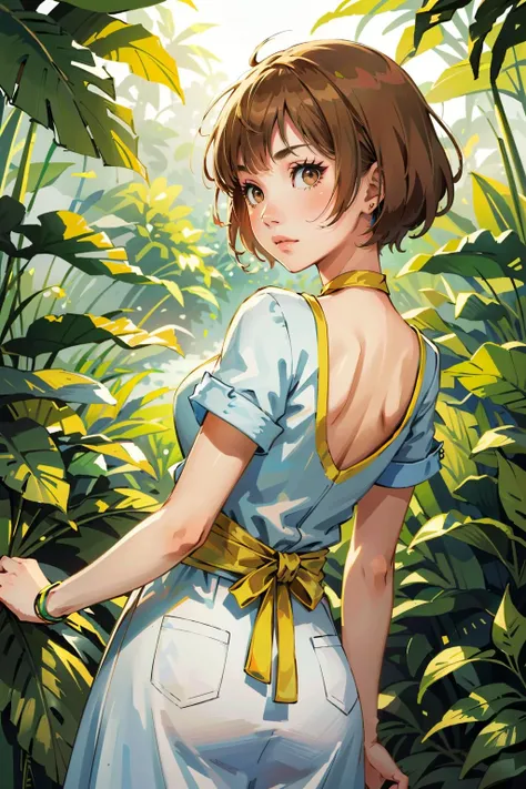 ((masterpiece, best quality))
<lora:Persona3Chie:0.8>
Persona3Chie, 1girl, solo, short hair, brown hair, brown eyes, in a lush jungle with vibrant flowers, from behind, looking back