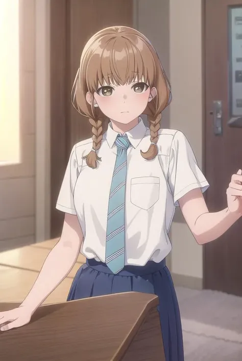 momokosudou, <lora:momoko sudou s1-lora-nochekaiser:1>,
momoko sudou, brown hair, (brown eyes:1.5), braid, twin braids,
BREAK skirt, shirt, school uniform, white shirt, short sleeves, necktie, striped, collared shirt, shirt tucked in, striped necktie,
BREAK indoors, classroom,
BREAK looking at viewer, (cowboy shot:1.5),
BREAK <lyco:GoodHands-beta2:1>, (masterpiece:1.2), best quality, high resolution, unity 8k wallpaper, (illustration:0.8), (beautiful detailed eyes:1.6), extremely detailed face, perfect lighting, extremely detailed CG, (perfect hands, perfect anatomy),