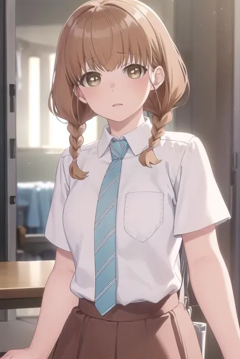 momokosudou, <lora:momoko sudou s1-lora-nochekaiser:1>,
momoko sudou, brown hair, (brown eyes:1.5), braid, twin braids,
BREAK skirt, shirt, school uniform, white shirt, short sleeves, necktie, striped, collared shirt, shirt tucked in, striped necktie,
BREAK indoors, classroom,
BREAK looking at viewer, (cowboy shot:1.5),
BREAK <lyco:GoodHands-beta2:1>, (masterpiece:1.2), best quality, high resolution, unity 8k wallpaper, (illustration:0.8), (beautiful detailed eyes:1.6), extremely detailed face, perfect lighting, extremely detailed CG, (perfect hands, perfect anatomy),