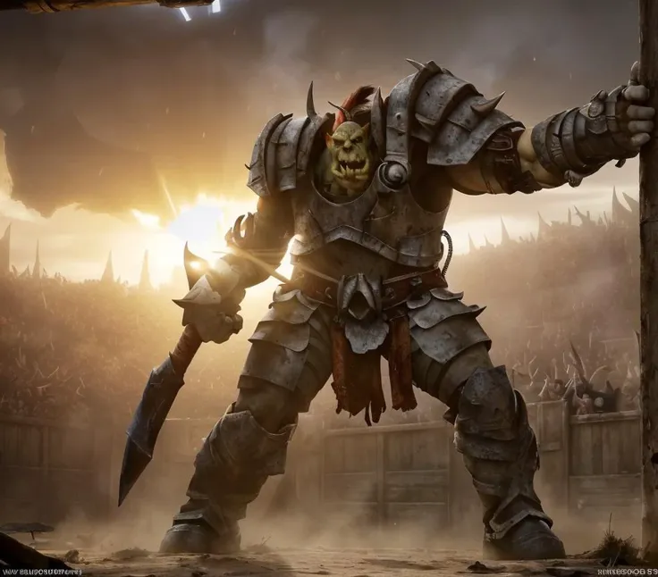 (masterpiece:1.2), (best quality,:1.2), 8k, HDR, ultra detailed, ((photorealistic)), professional light, cinematic lighting, ambient lighting, one OrcW in a fantasy arena, waiting in front of a huge door, spectator crowd in the stands, <lora:Arena-10:0.8>,  <lora:OrcWarrior-10:0.7>, epiCPhoto