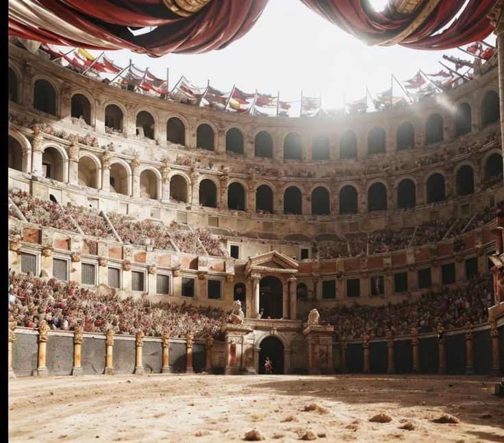 (masterpiece:1.2), (best quality,:1.2), 8k, HDR, ultra detailed, ((photorealistic)), professional light, cinematic lighting, ambient lighting, <lora:detail_slider_v4:1>, a roman arena, spectator crowd in the stands, <lora:Arena-10:1>, epiCPhoto