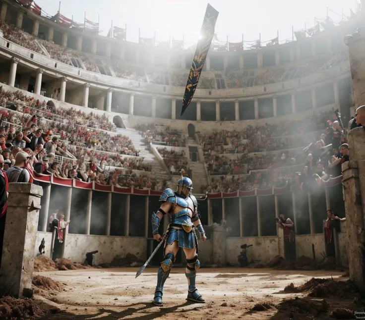 (masterpiece:1.2), (best quality,:1.2), 8k, HDR, ultra detailed, ((photorealistic)), professional light, cinematic lighting, ambient lighting, one gladiator in a fantasy arena, spectator crowd in the stands, <lora:Arena-10:1>, epiCPhoto