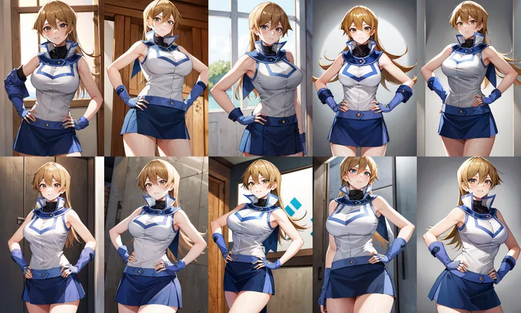 masterpiece, best quality, highres, ta1, white jacket, sleeveless, blue skirt, fingerless gloves, large breasts, <lora:tenjouin_asuka_v1:0.7>, hand on hip, cowboy shot