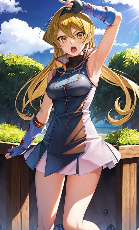 1girl, tenjouin asuka, solo, duel academy uniform (yu-gi-oh! gx), gloves, day, fingerless gloves, pointing, long hair, sky, open mouth, cloud, sleeveless, brown eyes, ocean, blonde hair, armpits, breasts, water, upper full body, <lora:tenjouin_asuka_v1:0.6>