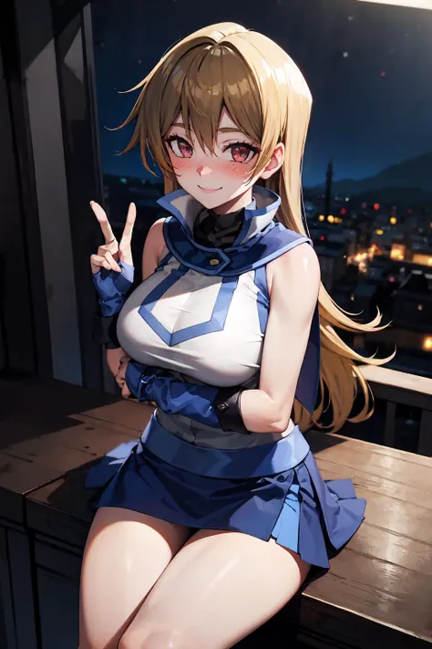 masterpiece, best quality, looking at viewer, facing viewer, nice hands, perfect hands, <lora:GoodHands-vanilla:1>, 1girl, solo, (night:1.3), low key, <lora:LowRA:0.7>, excited, blush, balcony, penthouse, wide windows, city, smile, happy, ta1, white jacket, sleeveless, blue skirt, fingerless gloves, large breasts, <lora:tenjouin_asuka_v1:0.7>
