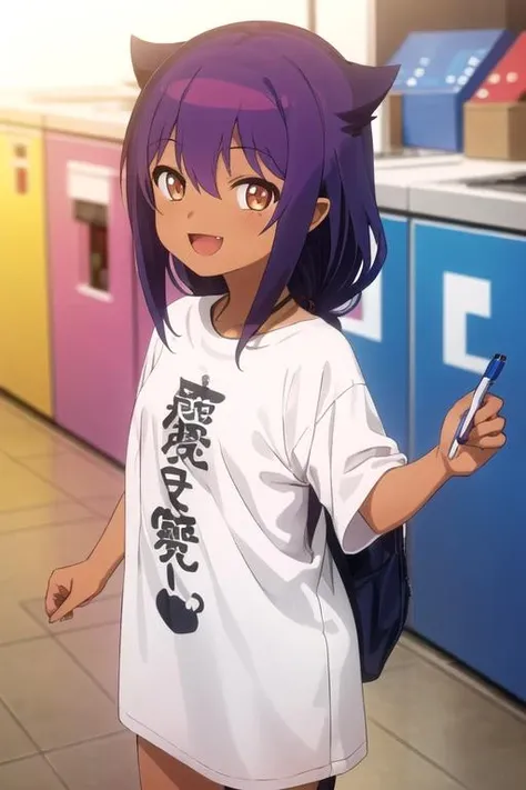 (((pixel-perfect, detail-perfect))), solo, 1girl, <lora:jahy-jahychan-01:0.8>, jahy, jahy_small, t-shirt, oversized clothing, writing on clothing, looking at viewer, smile, :d