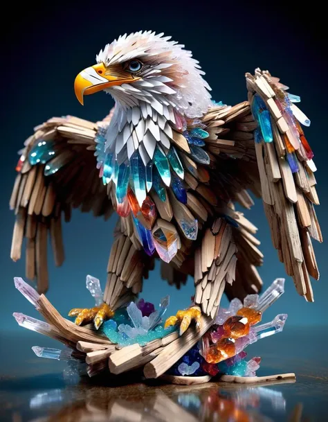 (drift wood washes up on the shore, all the tiny parts of drift wood form together to create a perfect shape of an eagle lying on the shore), abstract, 3d render, strong, insanely intricate details, (masterpiece), breathtaking natures art work, made out of crystalz <lora:crystalz-lycoris:1>