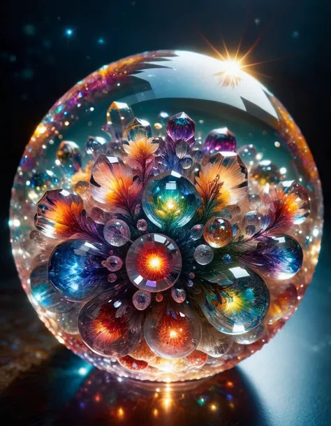 sparkling magical fantasy Magical orb, made out of transparent multicolored glass, light shines through, magical artifact, very detailed, amazing quality, intricate, cinematic light, highly detail, beautiful, surreal, dramatic, warm colors, made out of crystalz <lora:crystalz-lycoris:1>