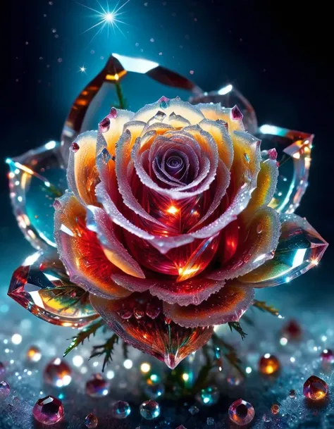 macro photo, sparkling magical fantasy glass rose dewdrop, very detailed, amazing quality, intricate, cinematic light, highly detail, beautiful, surreal, dramatic, galaxy fantasy colors, made out of crystalz <lora:crystalz-lycoris:1>