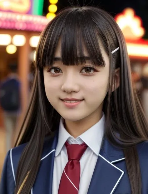 best quality, masterpiece, highres, detailed, realistic, cosplay, <lora:Detail - add_detail:0.2>, IridoYume, black hair, blunt bangs, hair clip, long hair, <lora:Character - IridoYume:0.7>, student uniform, blue jacket, red tie, excited, amusement park, blurry background, bokeh, japanese young adult,