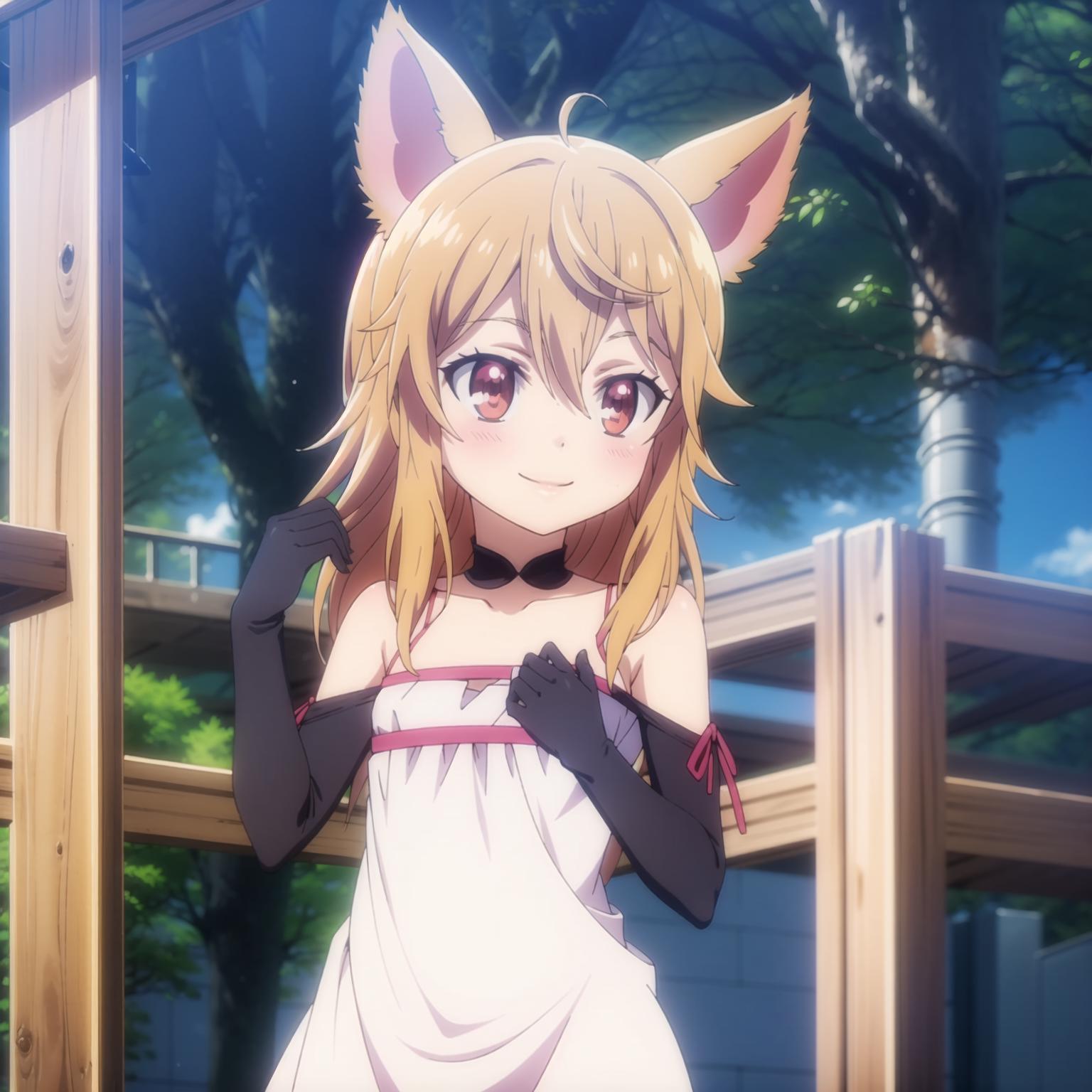 Anime girl with long blonde hair and cat ears standing in front of a ...