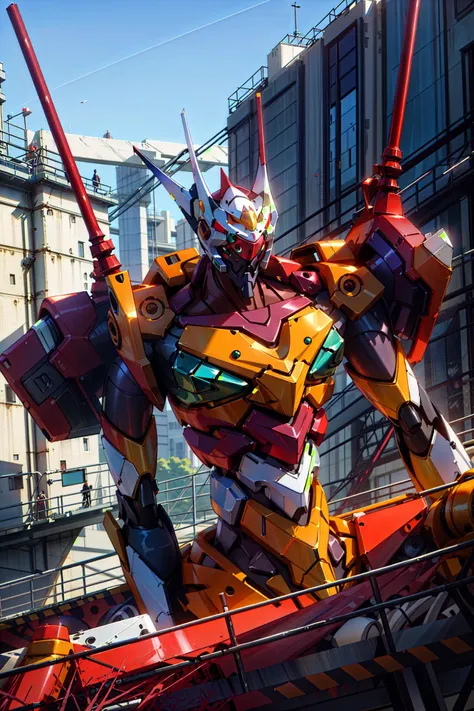 (Eva 00), Eva God, Evangelion Mecha, Science Fiction, Looking at the Viewer, 3d Rendering, (Official Art, Best Quality, Masterpiece: 1.2), Illustration, High Resolution, Beautiful Abstract Background, Futurism, Cyberpunk, Intense Angle