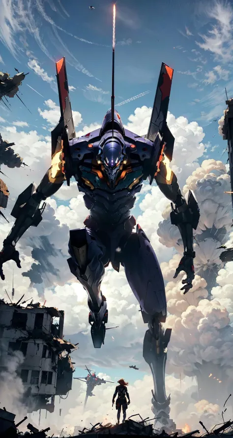 "(Oppressive Mecha) Picture a towering mecha standing amidst a devastated cityscape. The city lies in ruins, with crumbling buildings and debris scattered all around. The mecha exudes a sense of awe-inspiring power and dominance, with its massive size and menacing appearance. Its metal armor is worn and battle-scarred, showcasing the intensity of previous conflicts. In the sky above, sleek and agile fighter jets engage in a fierce aerial battle, with trails of smoke and explosions lighting up the scene. The sound of roaring engines and the thunderous booms of weaponry reverberate through the air, adding to the sense of chaos and destruction. The atmosphere is charged with tension as the mecha moves with deliberate steps, leaving a trail of destruction in its wake. Its weapons, whether massive cannons or razor-sharp blades, are ready to unleash devastating attacks. The sight of the mecha against the backdrop of the ruined city and the ongoing aerial dogfight creates a scene of overwhelming oppression and imminent danger."<lora:EVAII:0.6>, EVAGOD, EVA 00, EVA 01, EVA 02, EVA 08,