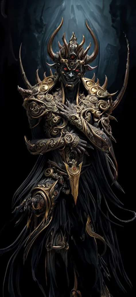 an Oni demonic looking demon with horns, standing in front of a dark background, Eddie Mendoza, dark fantasy art, a marble sculpture, fantasy art, intricate gold armor, shiny, gloing red