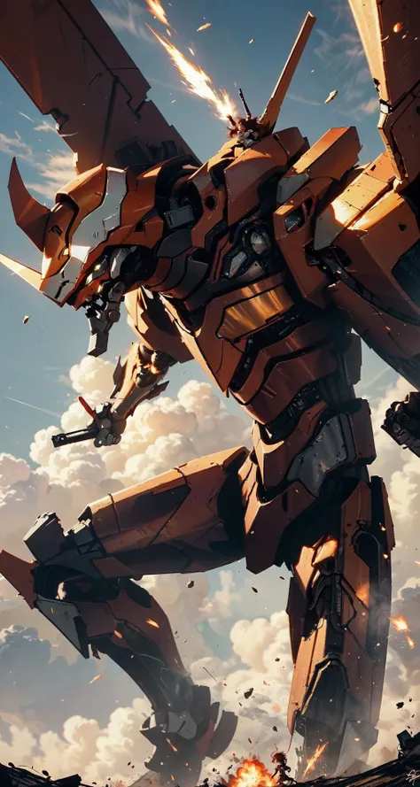 "(Mech Warrior) Enter a world where a fearless young girl pilots a colossal mech, ready to take on any challenge that comes her way. Picture an epic battle scene with a backdrop of a war-torn city or a futuristic dystopian landscape. The girl's mech stands tall and powerful, adorned with intricate details and advanced technology. Capture the intensity of the moment as she unleashes devastating attacks or engages in a dynamic combat pose. The atmosphere is charged with energy, with swirling dust, sparks, or dynamic lighting effects illuminating the scene. Emphasize the contrast between the delicate yet determined features of the girl and the massive, imposing presence of the mech. Let the viewer feel the thrill and adrenaline as they witness this awe-inspiring display of strength and bravery."<lora:EVAII:0.6>, EVAGOD, EVA 02,