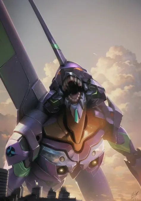 ((eva 01), evagod:1.1), evagenlion, Concept Design, sci-fic character design, SCIENCE FICTION, giant robot, advanced metal and Ceramic Mecha, Accurate EVA 01 head details, high-tech, huge android, (outdoors, sky, clouds), global illumination, rim light, octane rendering, ray tracing, 4k, Best quality, masterpiece, high res, highly detailed, scientific anatomy, carbon fiber, titanium alloy, hyperrealistic, anatomical, beautiful Tokyo-3 background, CG, unity, wallpaper, Futurism, epic sense, doomsday, sci-fi fighter, giant machinery, correct perspective, <lora:evaNeonGenesis_v20:0.7>
