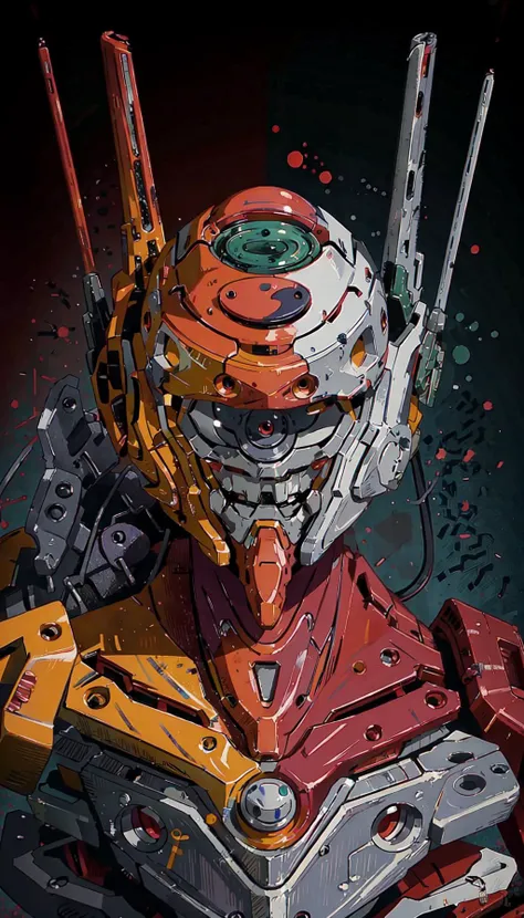 (eva 00:1.2), evagod, evangelion mecha, science fiction, looking at viewer, (official art, Best quality, masterpiece:1.2), illustration, high res, beautiful abstract background, Futurism, cyberpunk, close-up <lora:EVAIII:0.6>