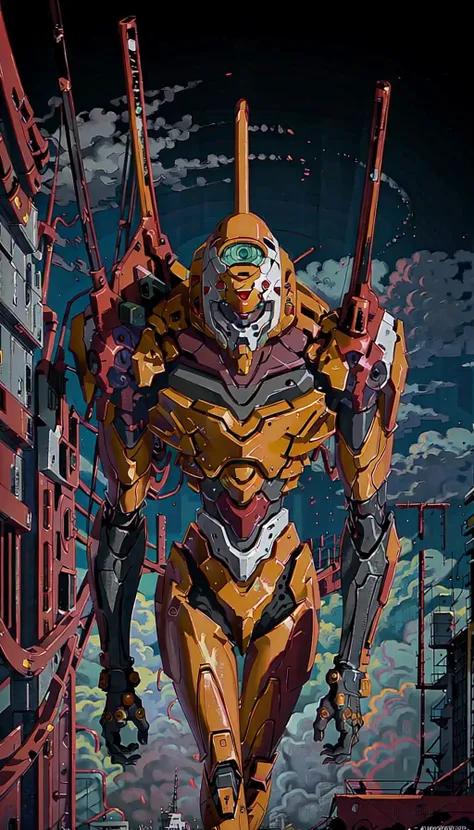 (eva 00:1.2), evagod, evangelion mecha, science fiction, looking at viewer, (official art, Best quality, masterpiece:1.2), illustration, high res, beautiful abstract background, Futurism, cyberpunk, close-up <lora:EVAIII:0.6>