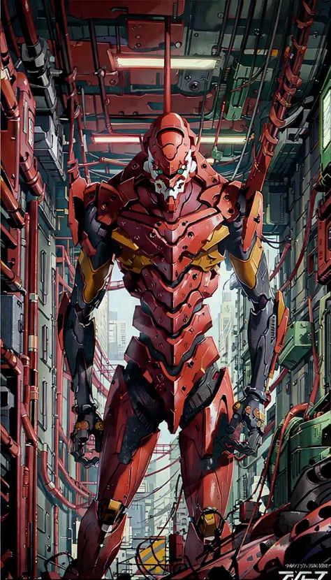 (eva 02), evagod, evangelion mecha, science fiction, looking at viewer, (official art, Best quality, masterpiece:1.2), illustration, high res, beautiful abstract background, Futurism, cyberpunk, intense angle, <lora:EVAIII:0.6>