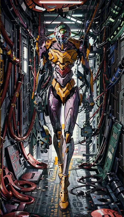 (eva 00:1.2), evagod, evangelion mecha, science fiction, looking at viewer, (official art, Best quality, masterpiece:1.2), illustration, high res, beautiful abstract background, Futurism, cyberpunk, close-up <lora:EVAIII:0.6>