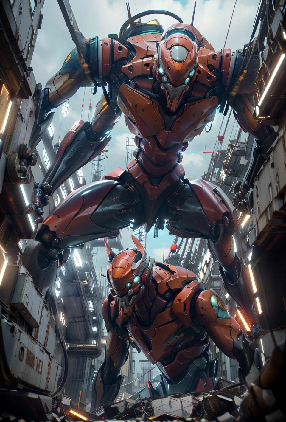 (best quality, photorealistic, masterpiece:1.3), (ultra detailed:1.5), 32K,
<lora:NeoFuturisticTech-20:0.5>, neotech, sleek, city, glowing announces, mechanical trees, futuristic cyber city, cyberpunk, futuristic cars, air vehicles, futuristic ships, technology,
<lora:Mecha:0.4>, mecha, giant cyber robot, solo
<lora:EVAIII:0.6>, eva 02, evagod, evangelion mecha, science fiction, looking at viewer, illustration, high res, beautiful abstract background, Futurism, cyberpunk, intense angle, close-up, solo