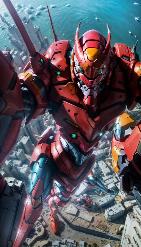 eva 02, evagod, evangelion mecha, science fiction, looking at viewer, (official art, Best quality, masterpiece:1.2), illustration, high res, dynamic background, Futurism, cyberpunk, intense angle, upper body, <lora:EVAIII:0.6>, from above, <lora:add_detail:0.6>, han