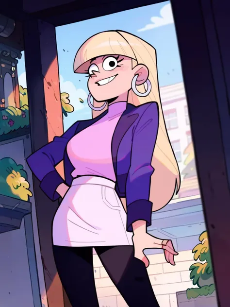 <lora:Pacifica:0.6> p_ca, 1girl, blonde hair, long hair, bangs hair, pupils are black dots, purple blazer, pink top, ring earrings, black pants <lora:Calm-no-fellatio_Sankaku_winsor-05-95_da2_20240222_with-txt_pony-v6:1>, score_9, score_8_up, score_7_up,
