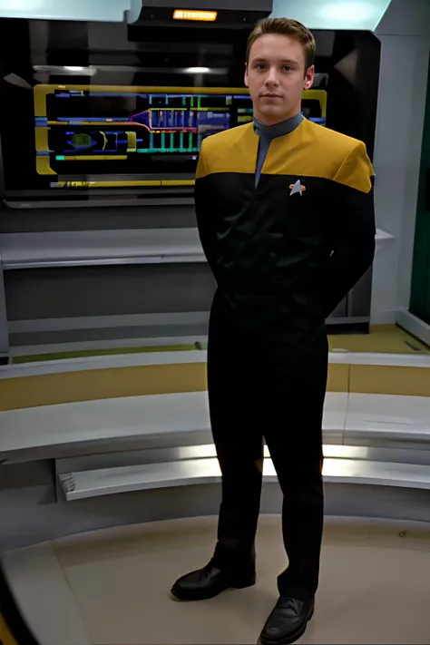 main engineering of a starship, standing next to a control console, BrandonEvans, wearing yellow voyunf uniform, (standing at attention), ((full body portrait)), wide angle <lora:VoyunfRefined:0.75> <lora:BrandonEvans:0.8>