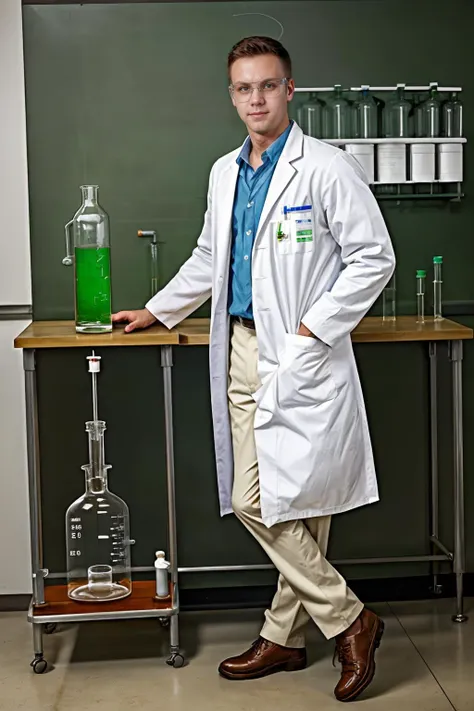 college chemistry laboratory, standing next to a lab table with Bunsen burner, BrandonEvans, dressed in a (white lab coat), brown slacks, brown shoes, ((holding an Erlenmeyer flask)) with green liquid, wearing chemistry goggles, (((full body portrait))), wide angle, <lora:BrandonEvans:0.8>