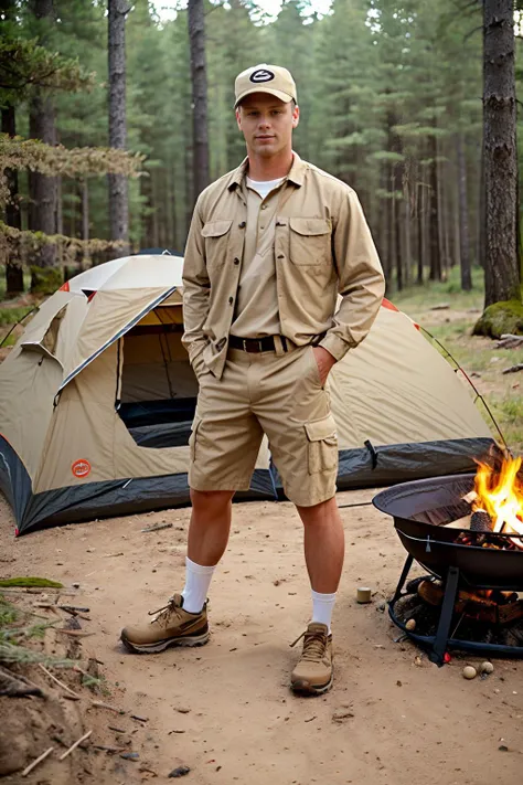 campground and tent in a forest, (standing next to a campfire), BrandonEvans, ((beige button-up shirt)), (khaki shorts), (baseball cap), (white socks), (beige hiking boots), (((full body portrait))), wide angle <lora:BrandonEvans:0.8>