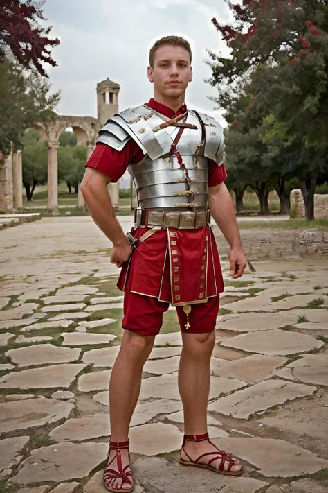 plaza of a Roman city, Roman aquaduct in the background, BrandonEvans is a Roman soldier, wearing loriseg armor, red tunic, red shirt, sandals, (((full body portrait))), wide angle <lora:BrandonEvans:0.8> <lora:loriseg:0.75>