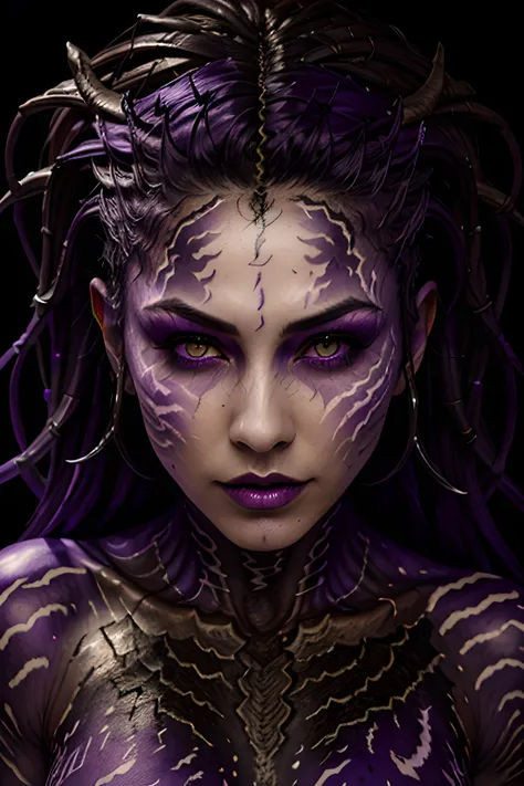 <lora:starcraft2QueenOf_20:1>, purple skin woman in a (very dark:1.3) cave , horable, full body, face tattoo, purple eyes, dark atmosphere