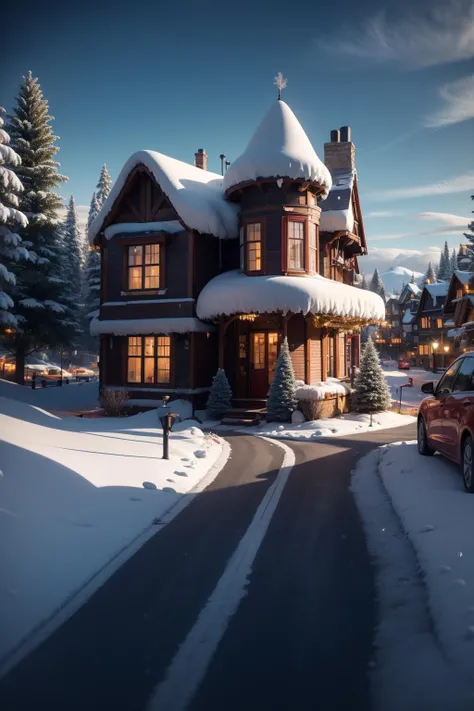<lora:éªé:0.8>,cs,snow,outdoors,no humans,ground vehicle,scenery,motor vehicle,sky,snowman,car,tree,day,blue sky,winter,blurry,house,building,road,cloud,depth of field,