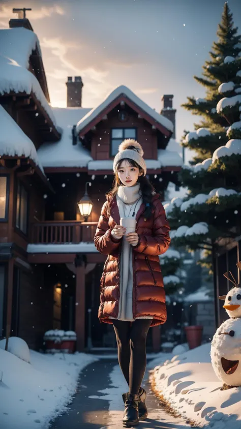 <lora:éªé:0.8>,<lora:YJ_20230910182544:0.7>,jing,1girl,solo,realistic,cs,snow,tree,snowman,house,outdoors,sky,scenery,winter,day,building,window,chimney,snowing,blue sky,1girl,lamppost,multiple girls,<lora:æé³_morning sun:0.7>,full body,