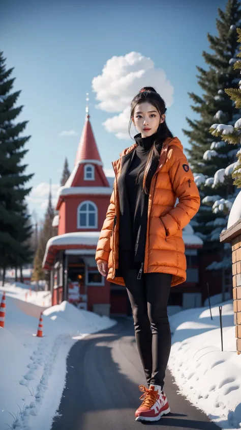 <lora:éªé:0.8>,<lora:YJ_20230910182544:0.7>,jing,1girl,solo,full body,realistic,cs,snow,outdoors,no humans,ground vehicle,scenery,motor vehicle,sky,snowman,car,tree,day,blue sky,winter,blurry,house,building,road,cloud,depth of field,traffic cone,