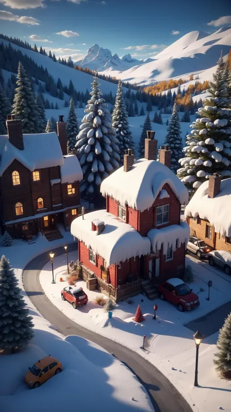 <lora:éªé:0.8>,cs,snow,outdoors,no humans,ground vehicle,scenery,motor vehicle,sky,snowman,car,tree,day,blue sky,winter,blurry,house,building,road,cloud,depth of field,aerial view,