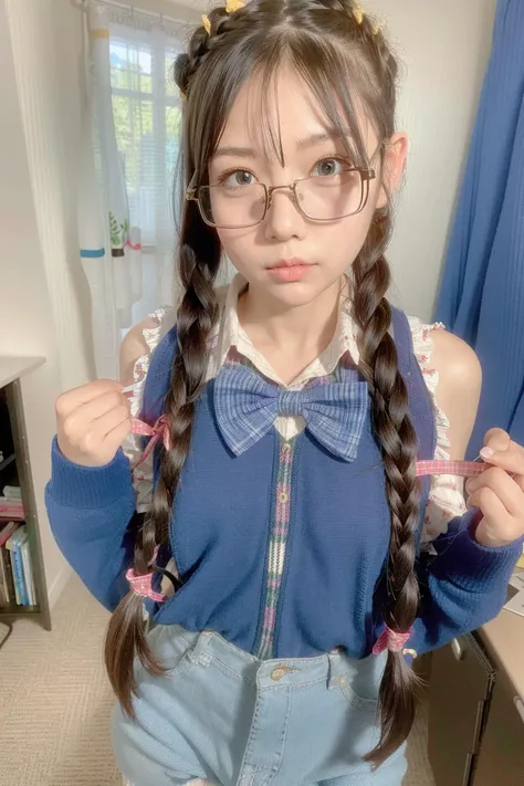 1girl, braid, twin_braids, glasses, solo, realistic, bow, blue_bow, curtains, hair_over_shoulder, long_hair, plaid<lora:xiangcao-000002:0.66>